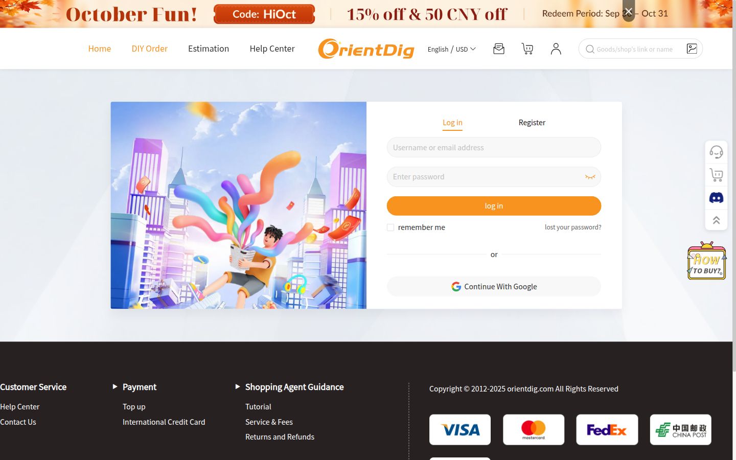OrientDig DIY Order ha aperto il login: Log in, Register, Continue With Google