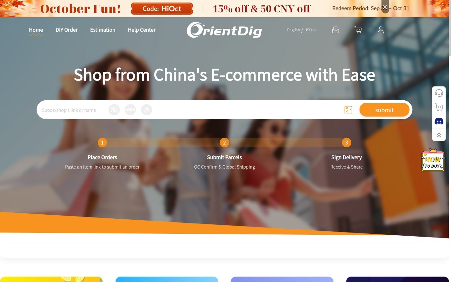 Homepage ufficiale OrientDig: wordmark arancione, barra per incollare e tre passi Place Orders, Submit Parcels, Sign Delivery